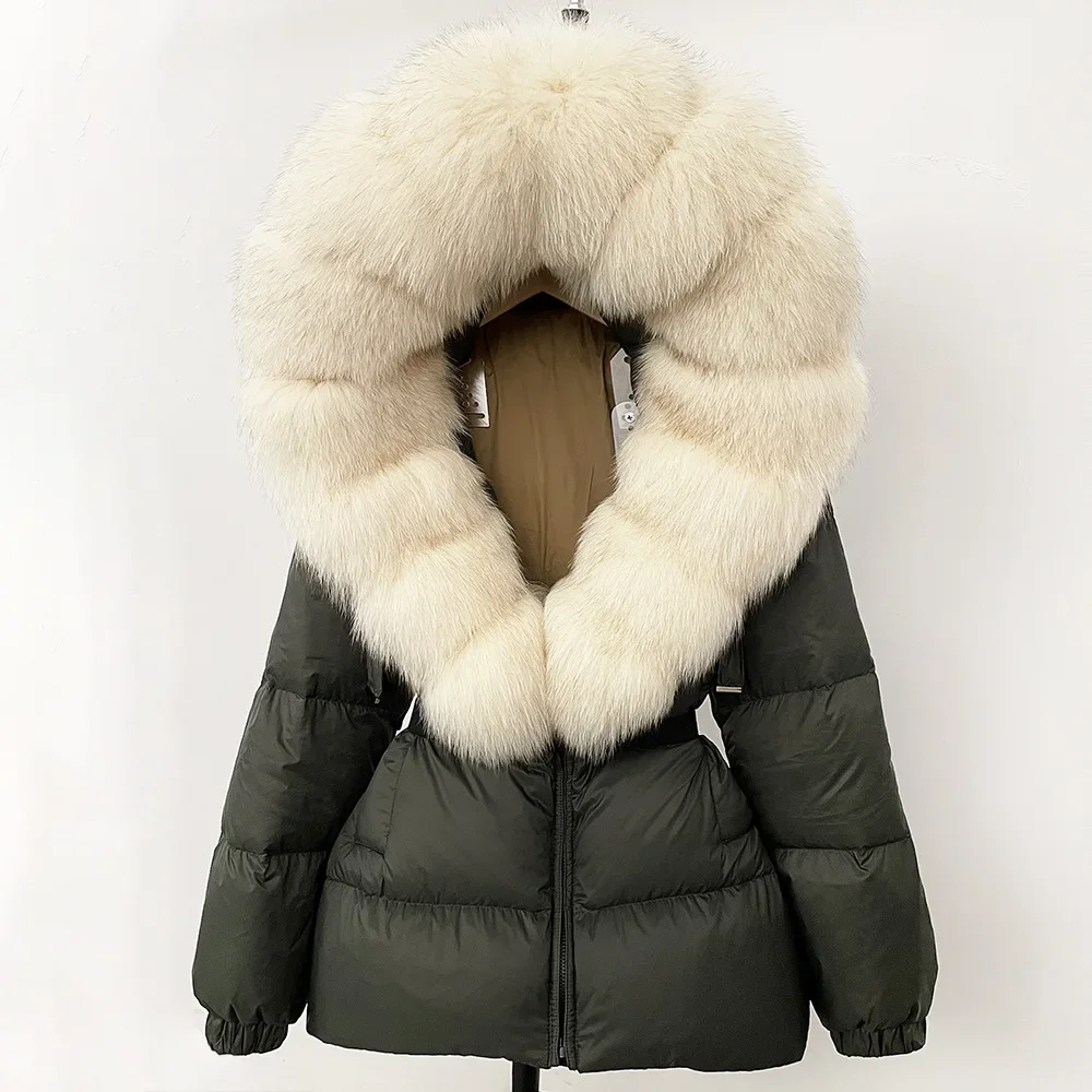 

Women Duck Down Hooded Solid Parker Winter Natural Fur Collar Down Jacket Outwear Female Zipper Warm Thickening Quilted Jacket