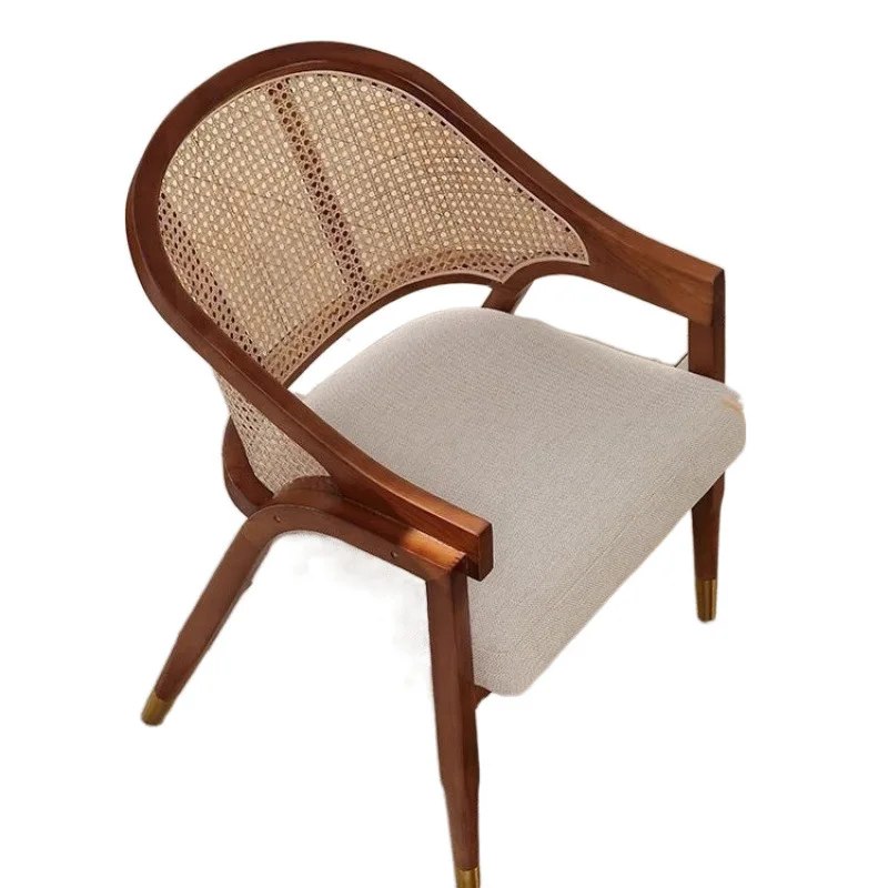 Light luxury home backrest leisure chair retro solid wood rattan dining chair Japanese style