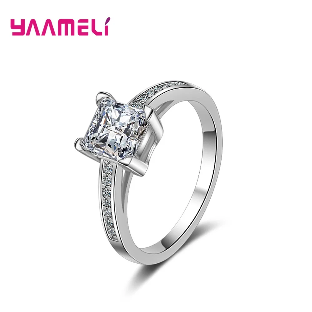 New Fashion 925 Sterling Silver Band Rings for Women 9 Colors Size 6-7-8-9-10 Shiny Square Cubic Zirconia Crystal Inlaid