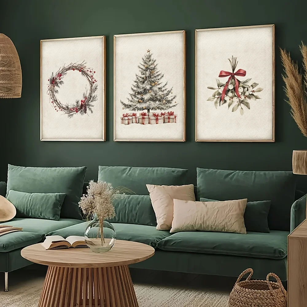 （Unframe 3PCS）-2D Flat, 2D Flat, Collection of 3 Retro Christmas Artwork, Festive Wall Decor, Perfect Present for Christmas A