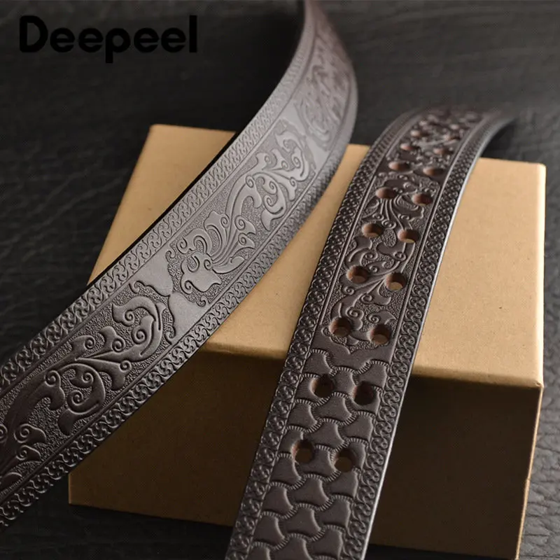 1Pc Deepeel3.8cm Pure Cowhide Men\'s Belts Copper Screws Buckle for Embossed Genuine Leather Waistband Male Retro Belt with Jeans