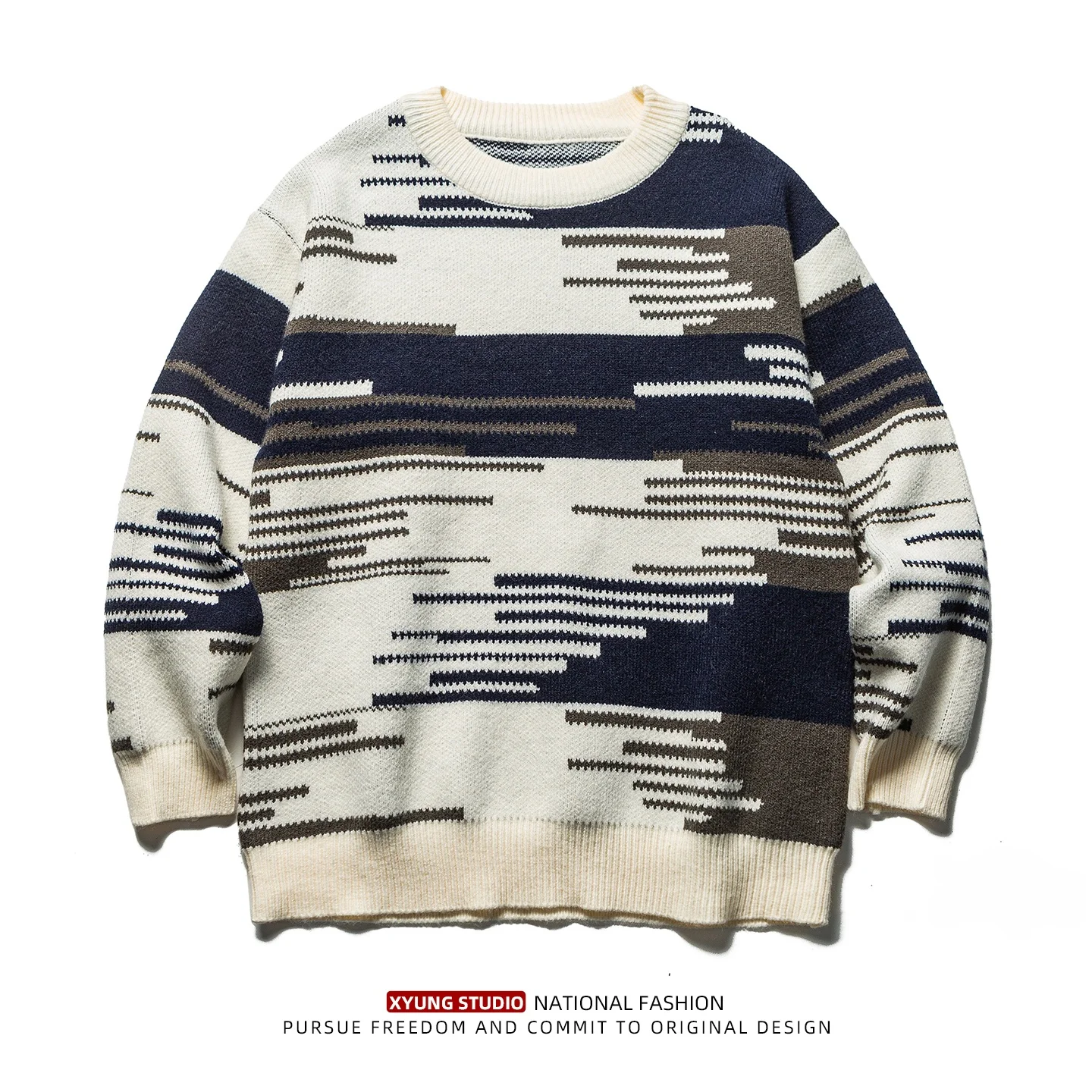 

Мужской свитер-пуловер на осень-зиму, свободный, повседневный, теплый, базовый, мягкий, вязаный, в полоску...