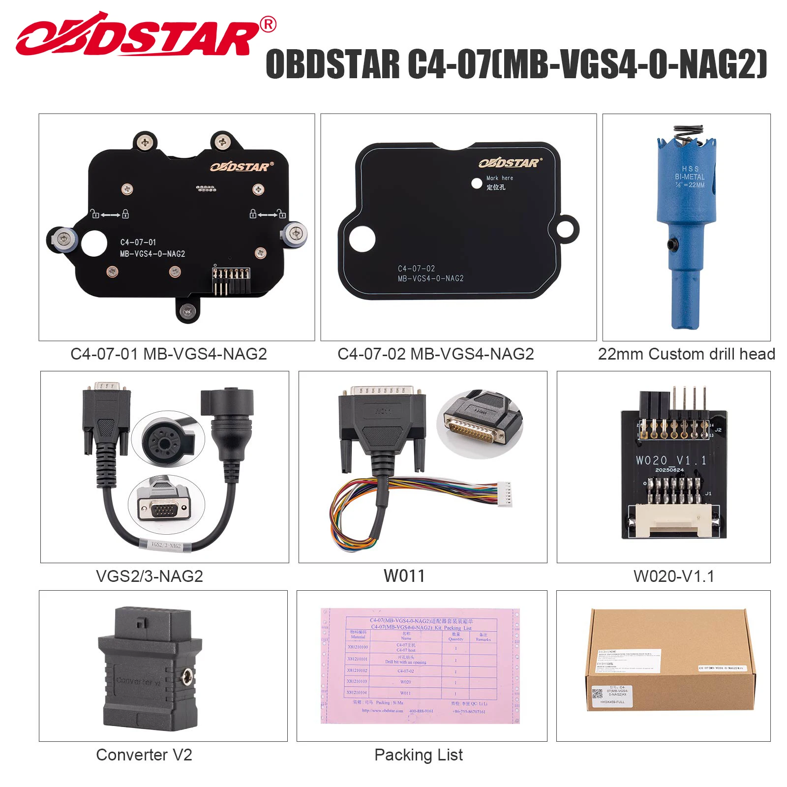 

Комплект адаптеров OBDSTAR C4-07 (MB-VGS4-0-NAG2) с полным набором принадлежностей, включая TCM-012 и адаптер-конвертер V2 для X300 Classic G3/DC706