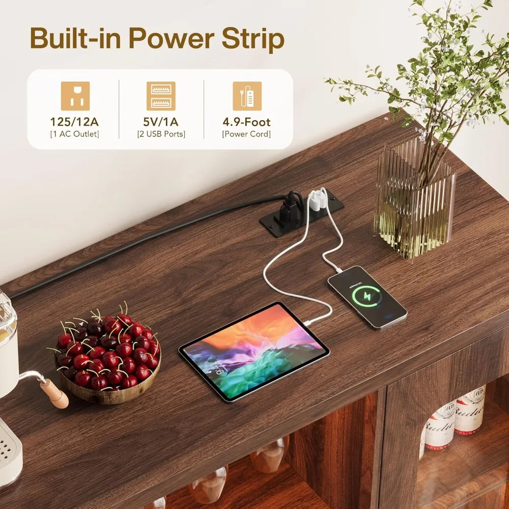 خزانة بار مع منافذ طاقة، خزانة جانبية حديثة لبار القهوة مع ضوء LED، خزانة مشروبات المزرعة مع رف النبيذ، حامل زجاجي #6