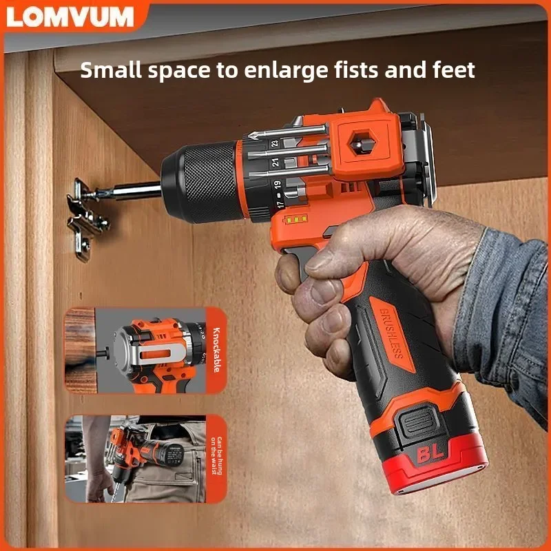 

LOMVUM-Brushless Electric Drill, Cordless, Two-Speed Drill, Metal Ratchet Chuck, Electric Hand Drill, Household Screwdriver