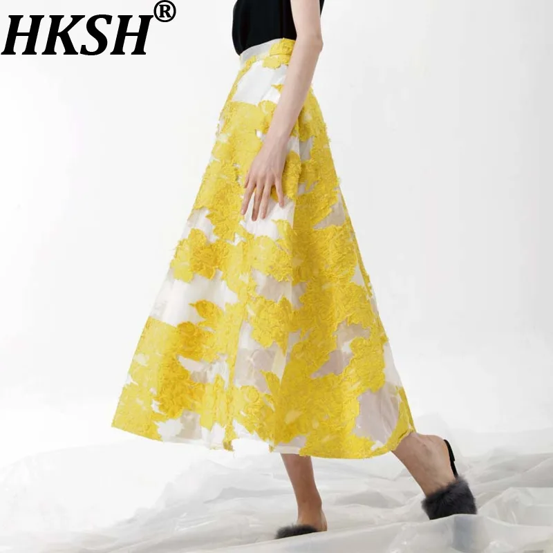 HKSH Women's Elegant A-line Skirt Three-dimensional Embroidery Mesh Color Block Draped High-end Skirts New Spring Summer HK19482