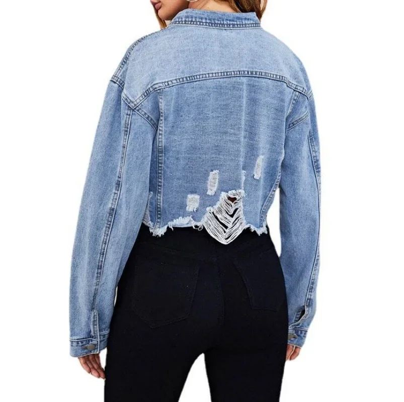 Spring Autumn Women's Outerwear Fashion Denim Jacket Hole Torn Wish Short Casual Street Clothing Denim Jacket