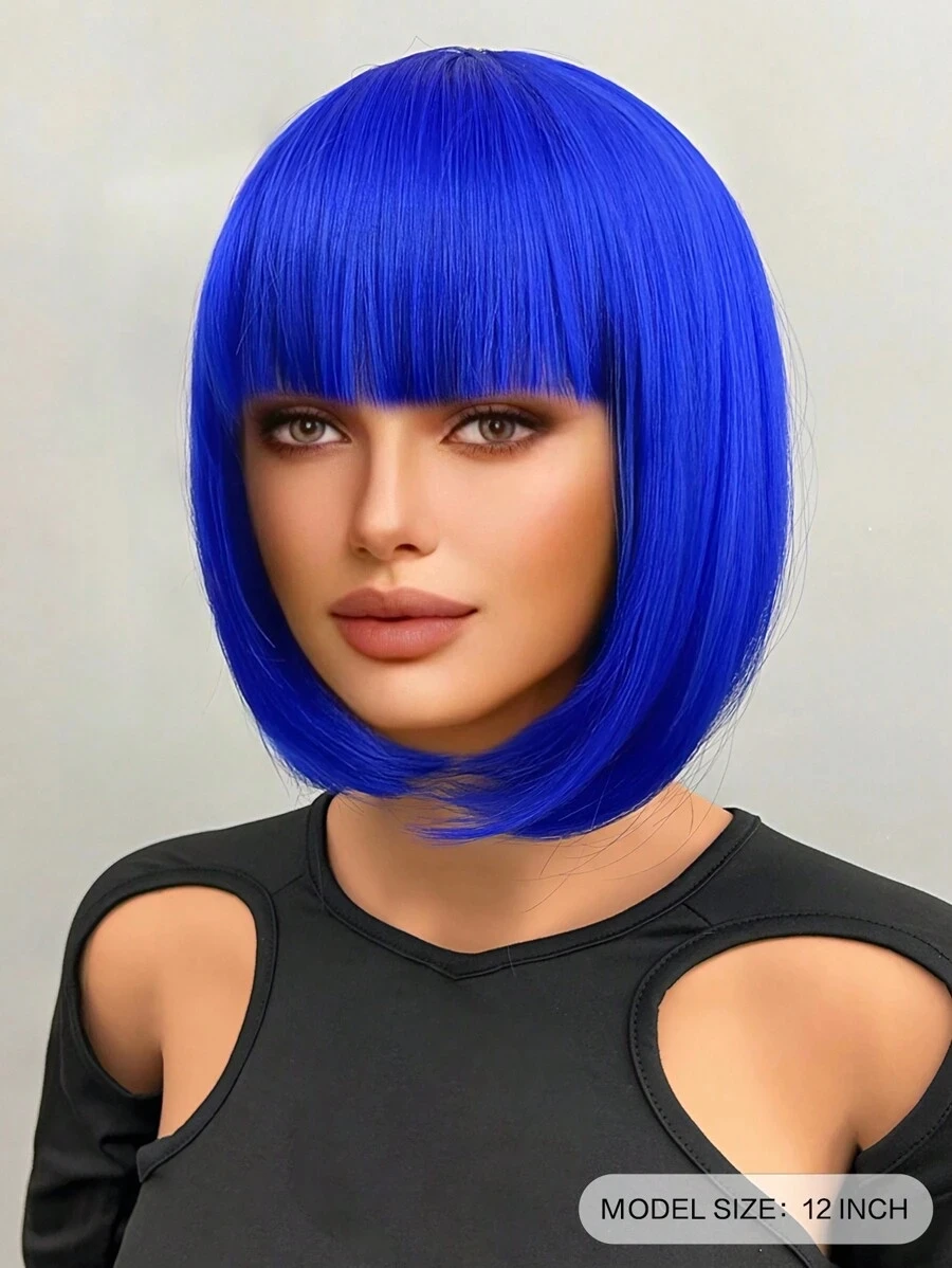 20" 여성용 앞머리가 있는 짧은 파란색 물결 모양 가발 자연스러운 일상 사용을 위한 코스프레 가발