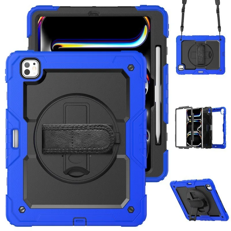 Stoßfeste Hülle mit Ständer für iPad Pro 11 12.9 13 2024, Cover für iPad Air 4 5 10.9 10. 11. Generation A16 2025 + Displayschutzfolie + Schultergurt