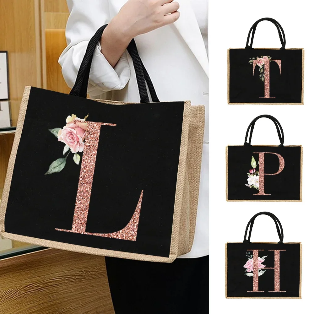 

Jute Bag Handbag Linen Shoulder Bag Rose Gold Letter Sacks Jute Imitation Sacks Linen Bags Women Shopping Bags