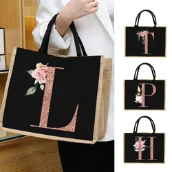Jute Bag Handbag Linen Shoulder Bag Rose Gold Letter Sacks Jute Imitation Sacks Linen Bags Women Shopping Bags