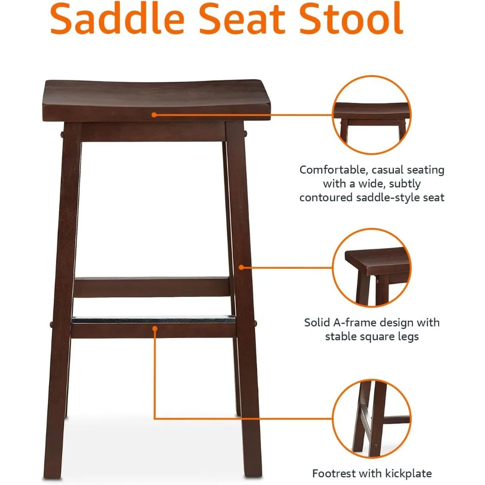 Solid Wood Kitchen Bar Stools Set of 2 with Footrest, Easy Assembly, Walnut Finish - Comfortable Counter Height Seating