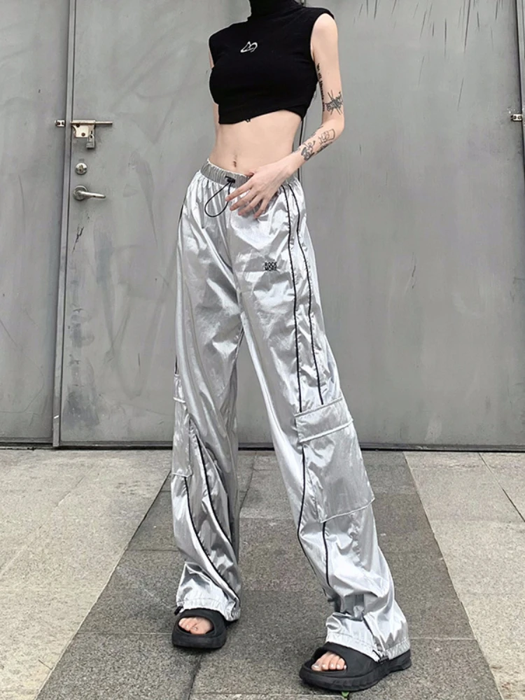 Silver Streetwear Women Pants Loose Y2k Clothes High Waist Trousers Pocket Pantalones De Mujer Casual Roupa Feminino Drawstring