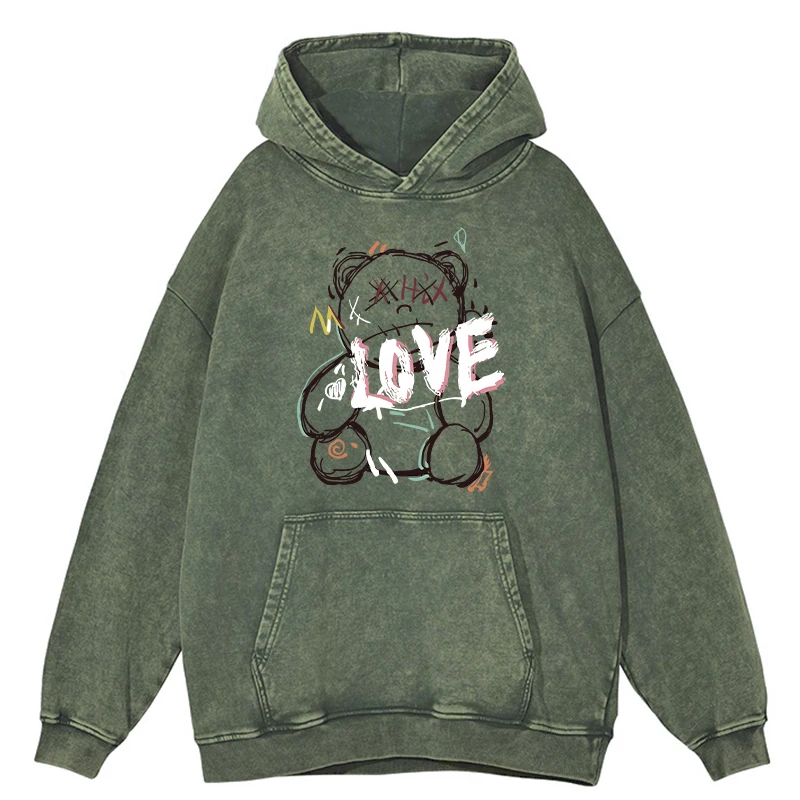 Little Bear Graffiti Love Pattern Print Distressed Cotton Hoody Men Soft O-Neck Warm Comfortable Hooded Versatile Washed Tops