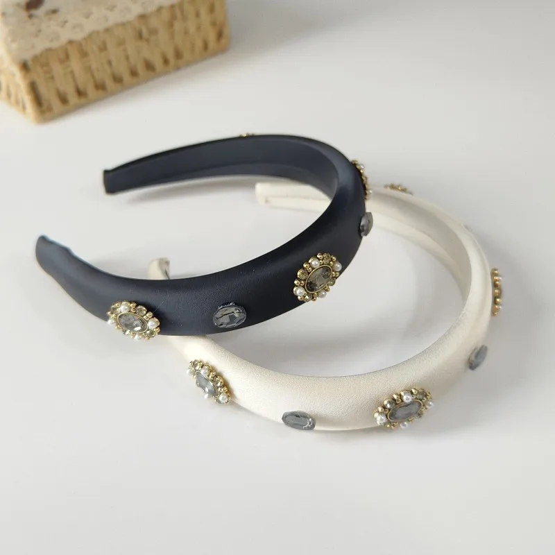 2024 New Korea Simple Diamond Headband Women Hairband Baroque Round Rhinestone Crown Palace Hairband Padded Hair Hoops Head Wear