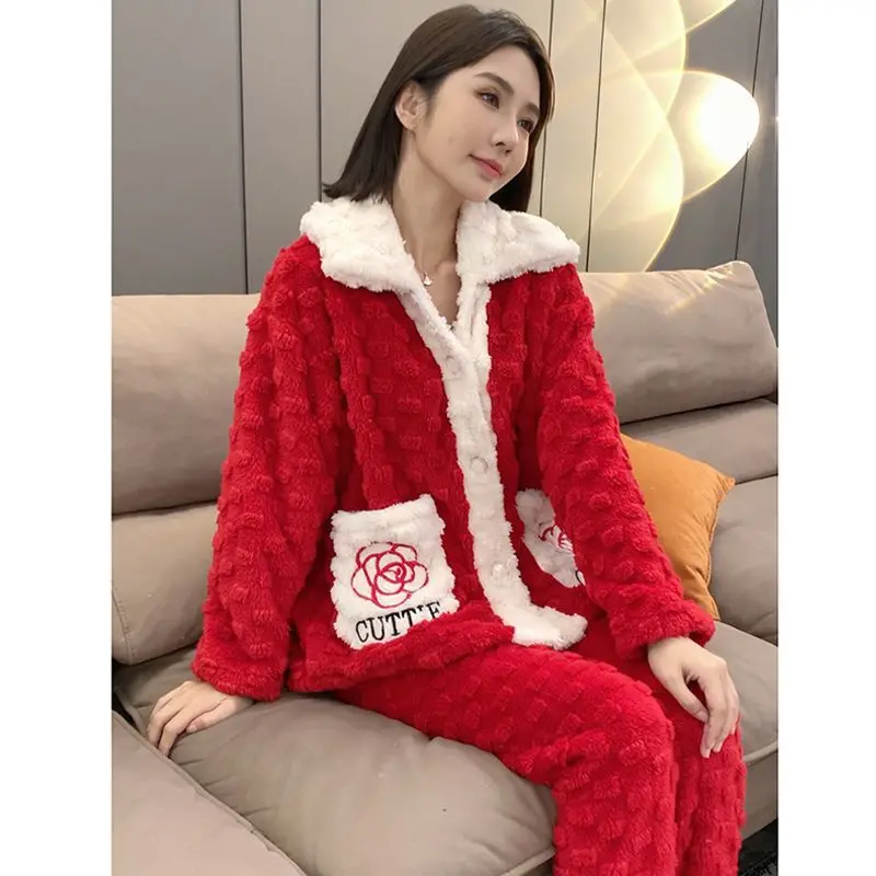 2023 Pajama Women Autumn and Winter New Coral Velvet Plus Velvet Cardigan Small Fragrant Wind Home Suit Thick Coat