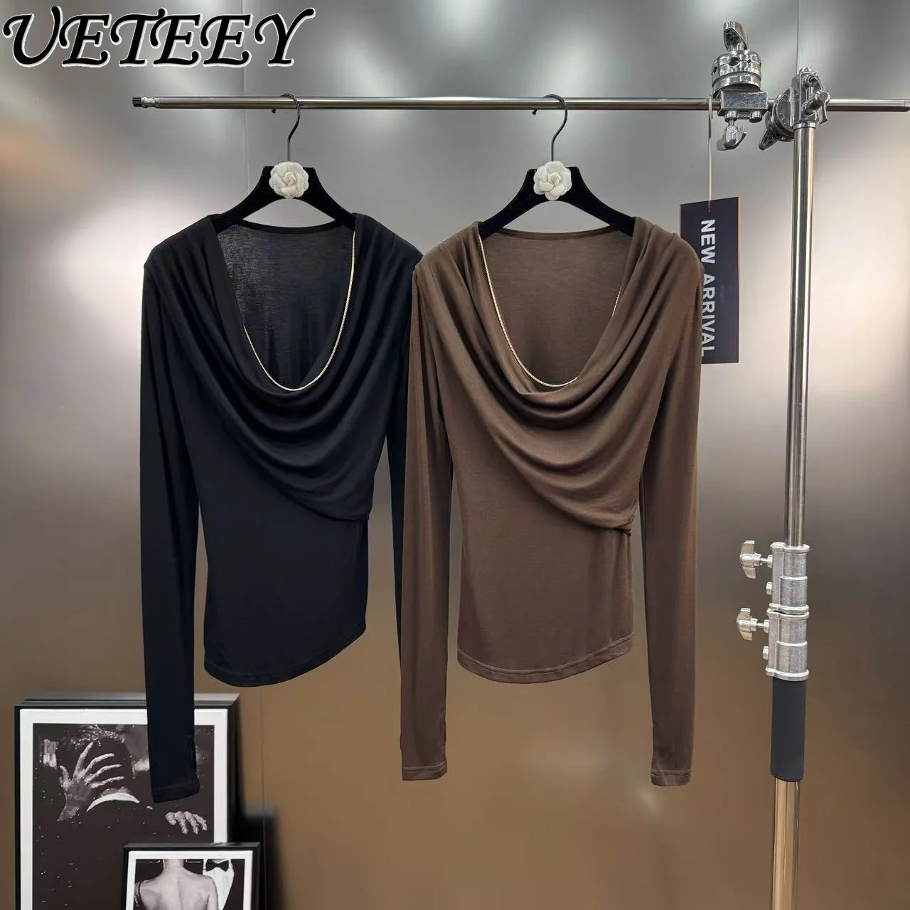 

Осенне-зимний съемный вязаный свитер с металлической цепочкой, элегантная женская универсальная базовая рубашка, облегающий топ с длинными рукавами