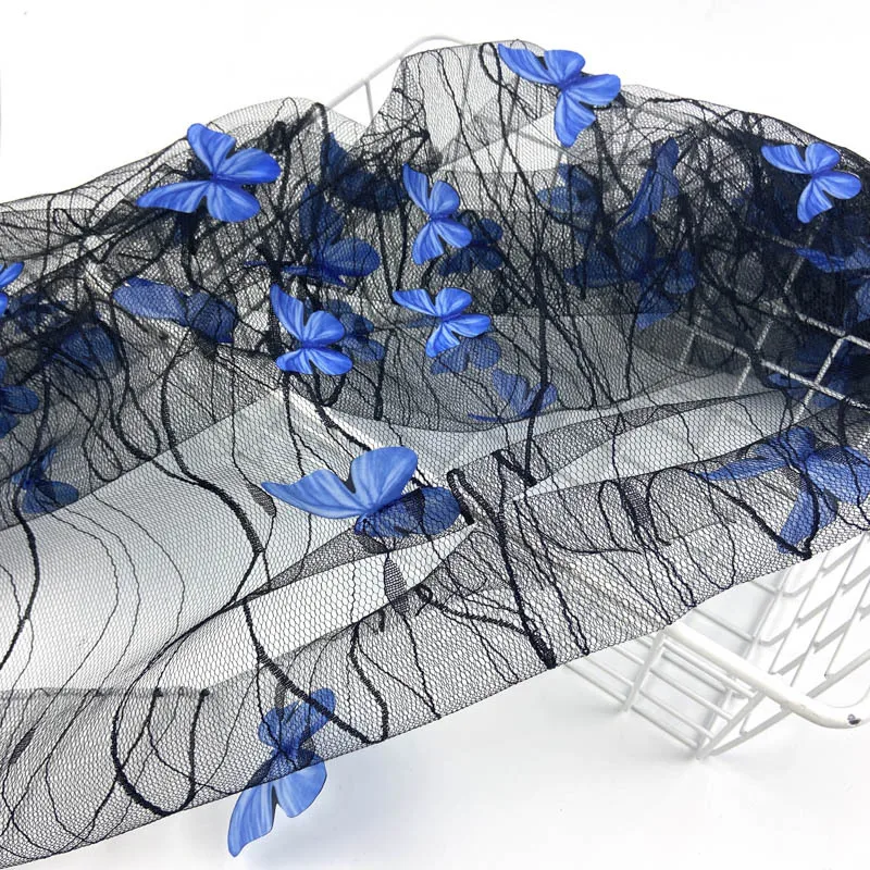 Lolita Black Transparent Blue 3D Butterfly Embroidered Lace Mesh Cloth Transparent Wedding Dress Designer Fabric DIY Handmade