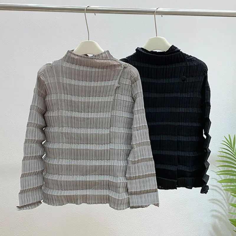 YFPF Miyake geplooid ontwerp shirt voor dames mode effen kleur knop lange mouw blouse streetwear 2025, nieuwe kleding