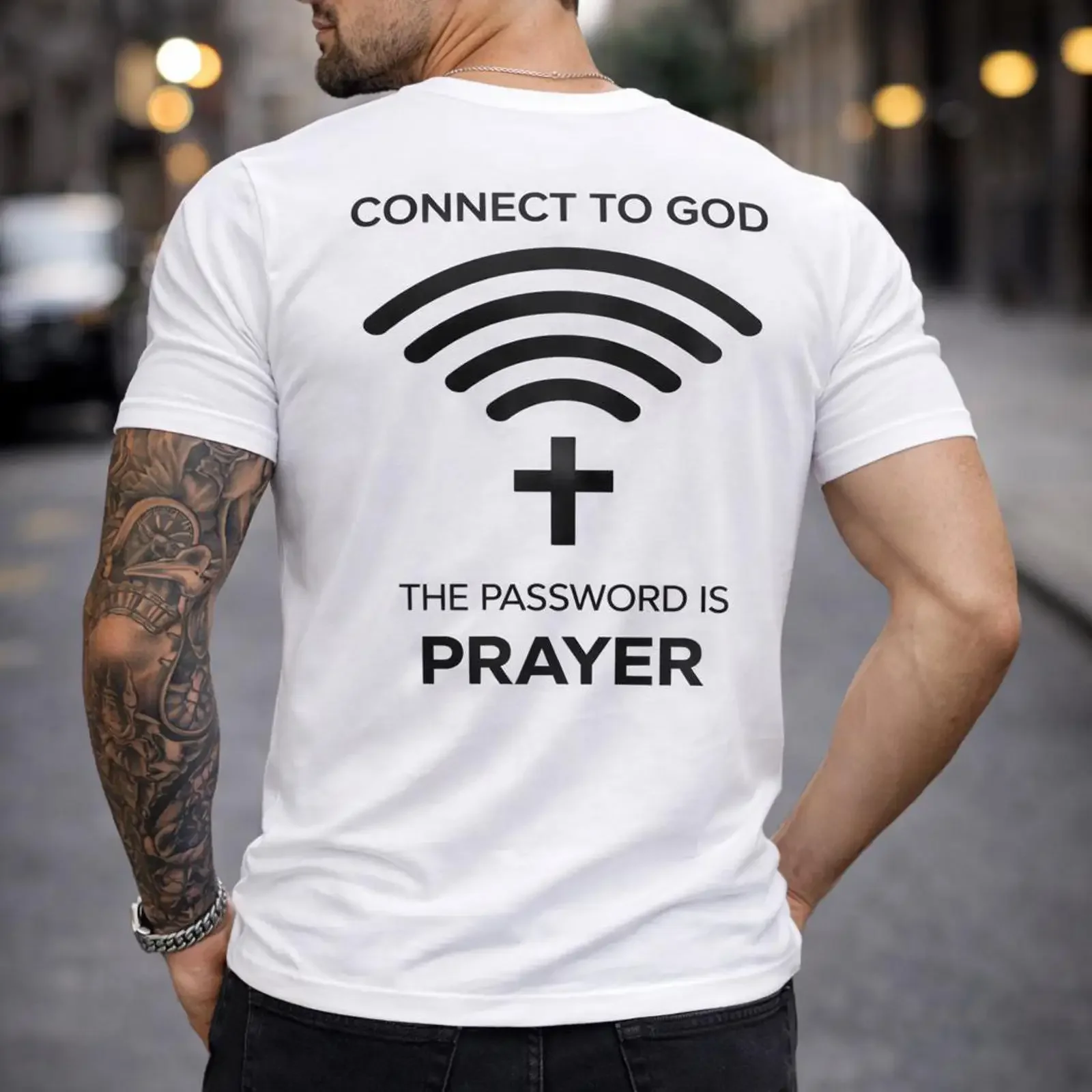 Men's Funny Connect To God The Password Is Prayer Christian WiFi Cross T Shirt Religious Faith Church Apparel  vintage Washed