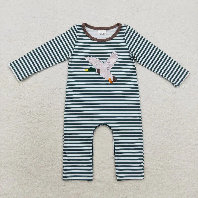 

X9.29 Wholesale boutique winter baby boys romper embroidered plaid duck striped long sleeve onesie