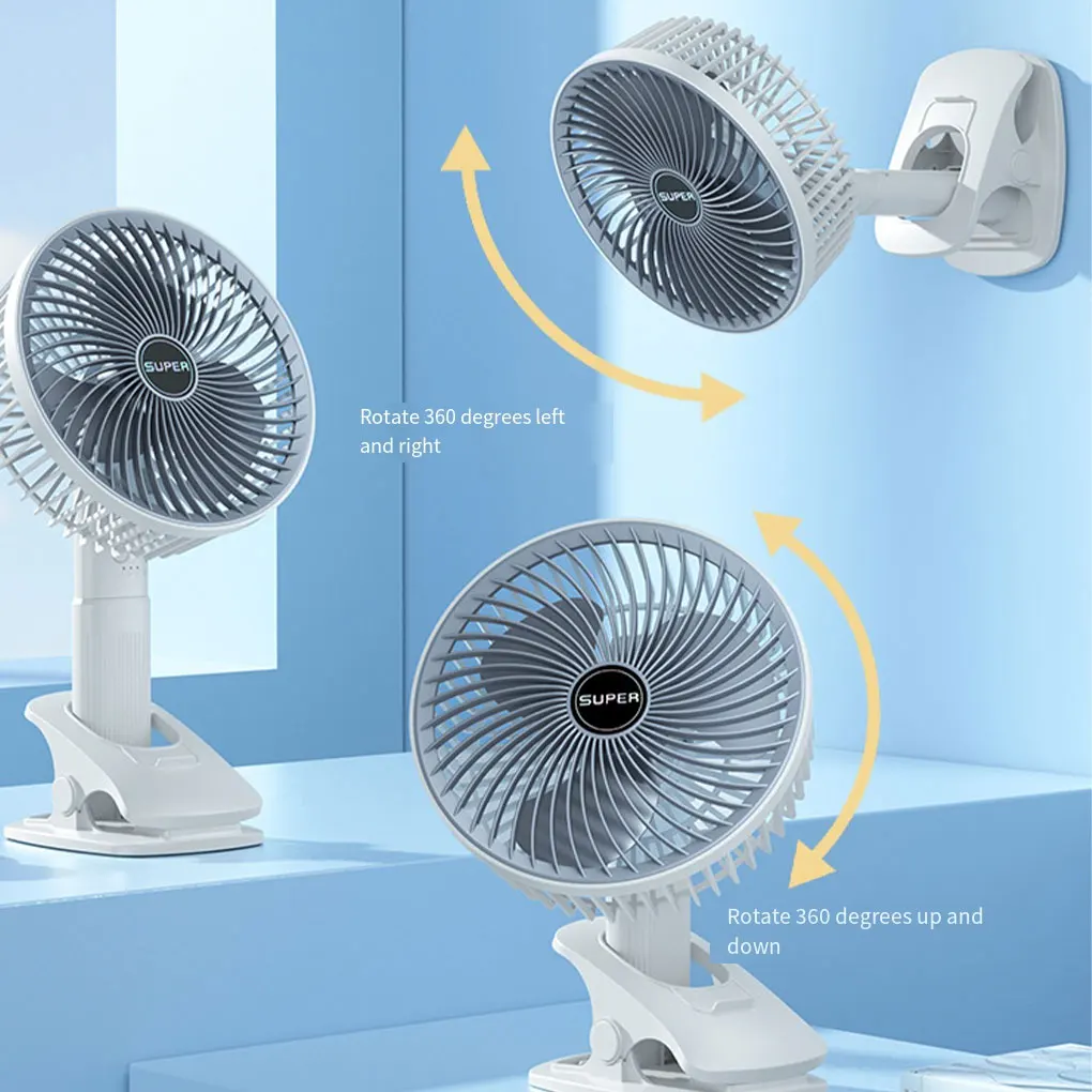 พัดลมตั้งโต๊ะแบบคลิปออน USB ชาร์จไฟได้พัดลมโต๊ะเล็กแบบพกพาหมุนได้360องศาพัดลมแบบหนีบปรับได้สำหรับหอพักนักเรียน