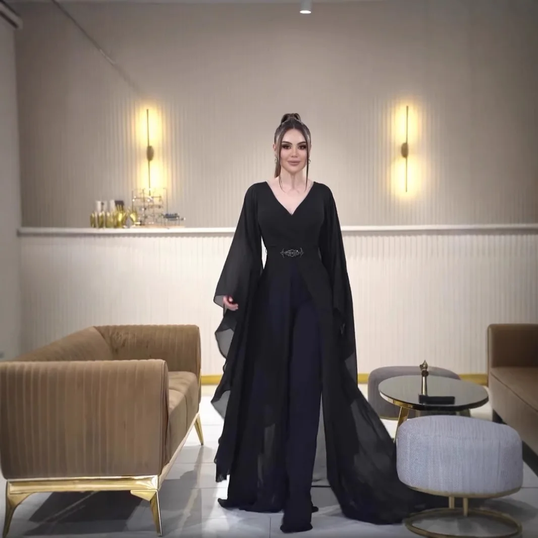 

Arabia Black Women Jumpsuit Prom Dress V Neck Extend Long Sleeve Elegant Wedding Party Gown Formal Long Evening Birthday Robe