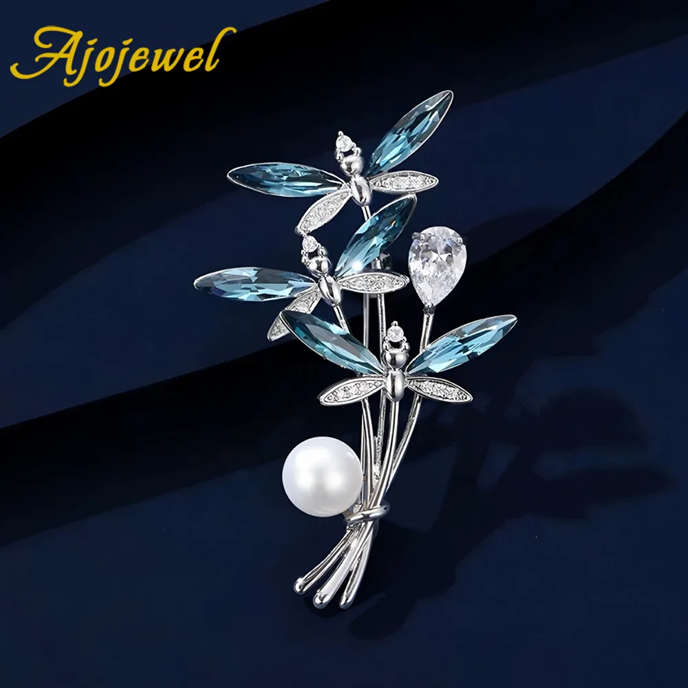 Ajojewel Blue Crystal Drangonfly Brooch Wedding Boutonniere Clothes Jewelry With Insects
