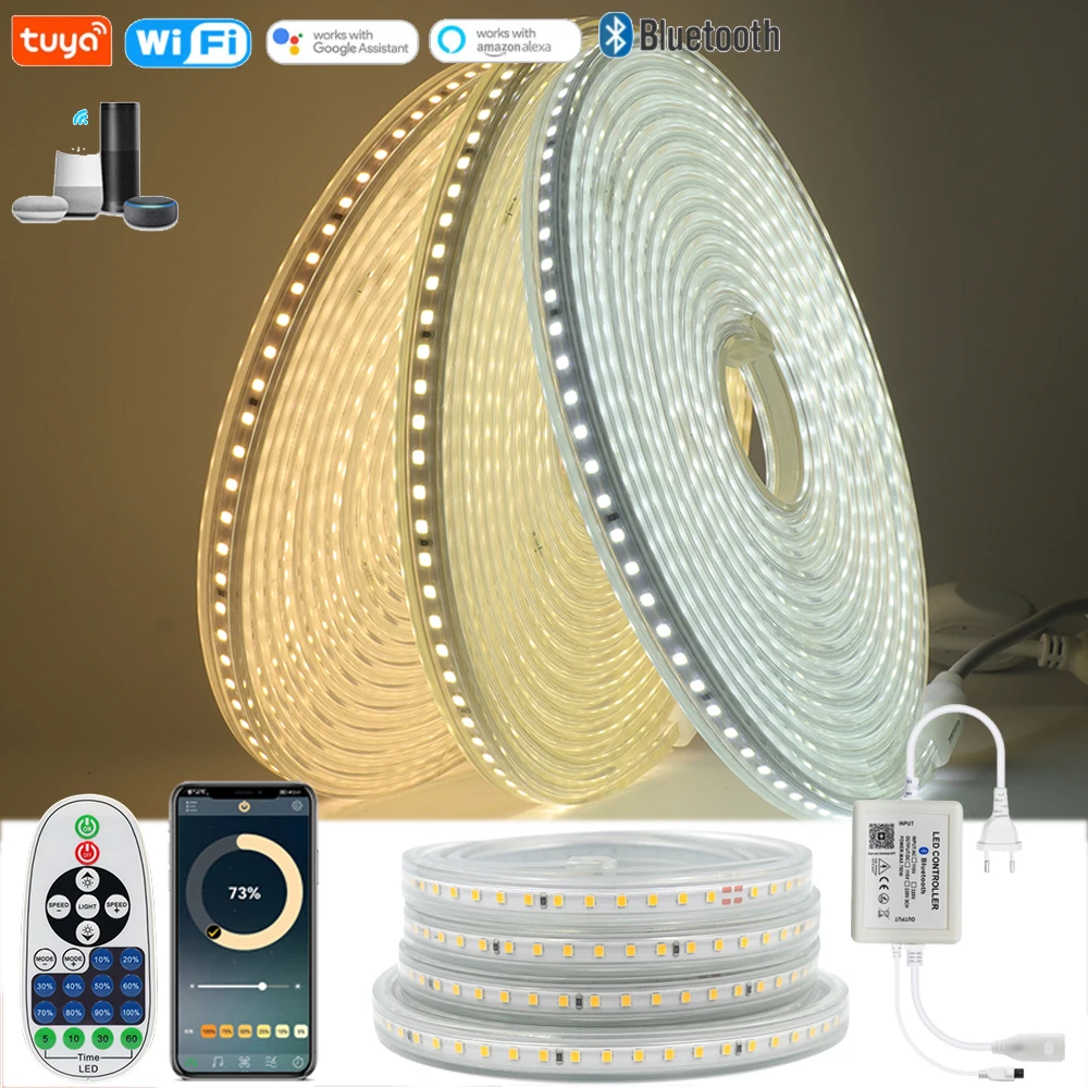 

Dimmable Led Strip Light 220V EU 2835 120LEDs/m Waterproof Flexible Led Tape Smart Life APP Bluetooth Alexa Voice Control