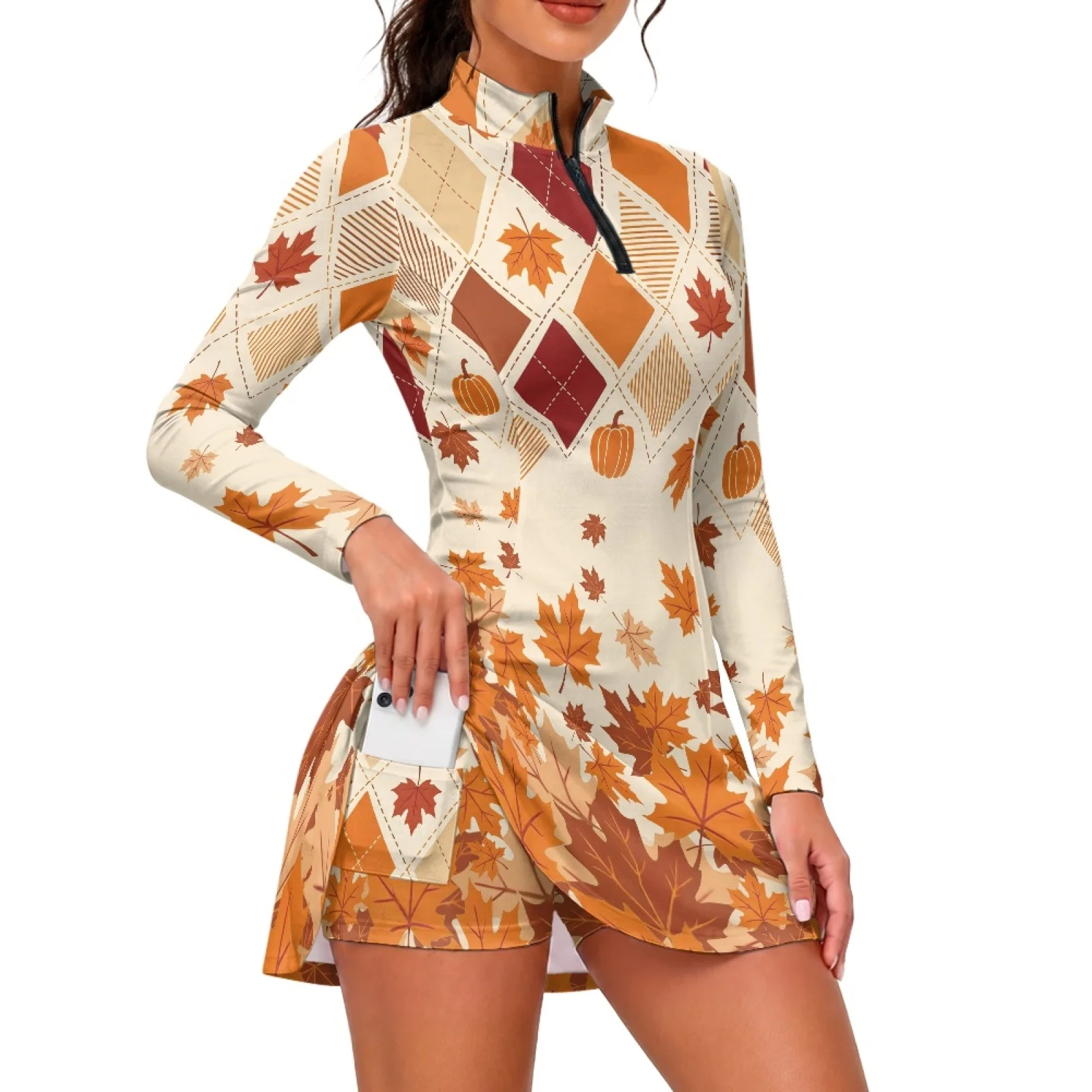 PENSTROLL Maple Leaf 2 Piece Ladies Long Sleeve Golf Dress with Shorts Quick Dry Stretch Fabric Active Dress for Casual Tennis