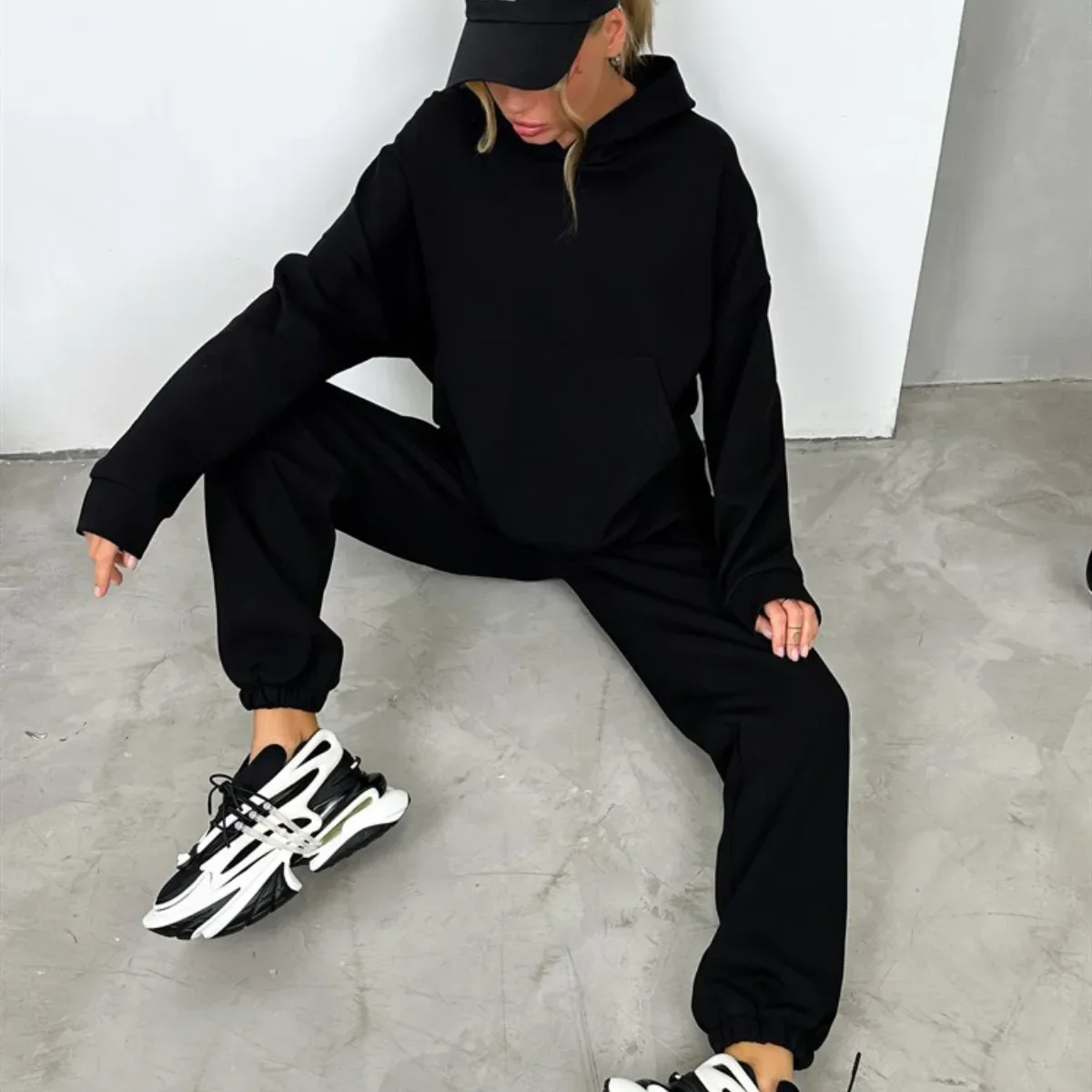 Women Two Piece Sets Hooded Loose Casual Tracksuit Sweatshirts Straight Long Pants Set Matching Sets Splice Autumn Winter