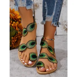 Fairy Style Flat Gold Thread Peacock Eye Hair Sandals Women's Shoes New Summer with Skirt Vacation Pullover Beach Shoes