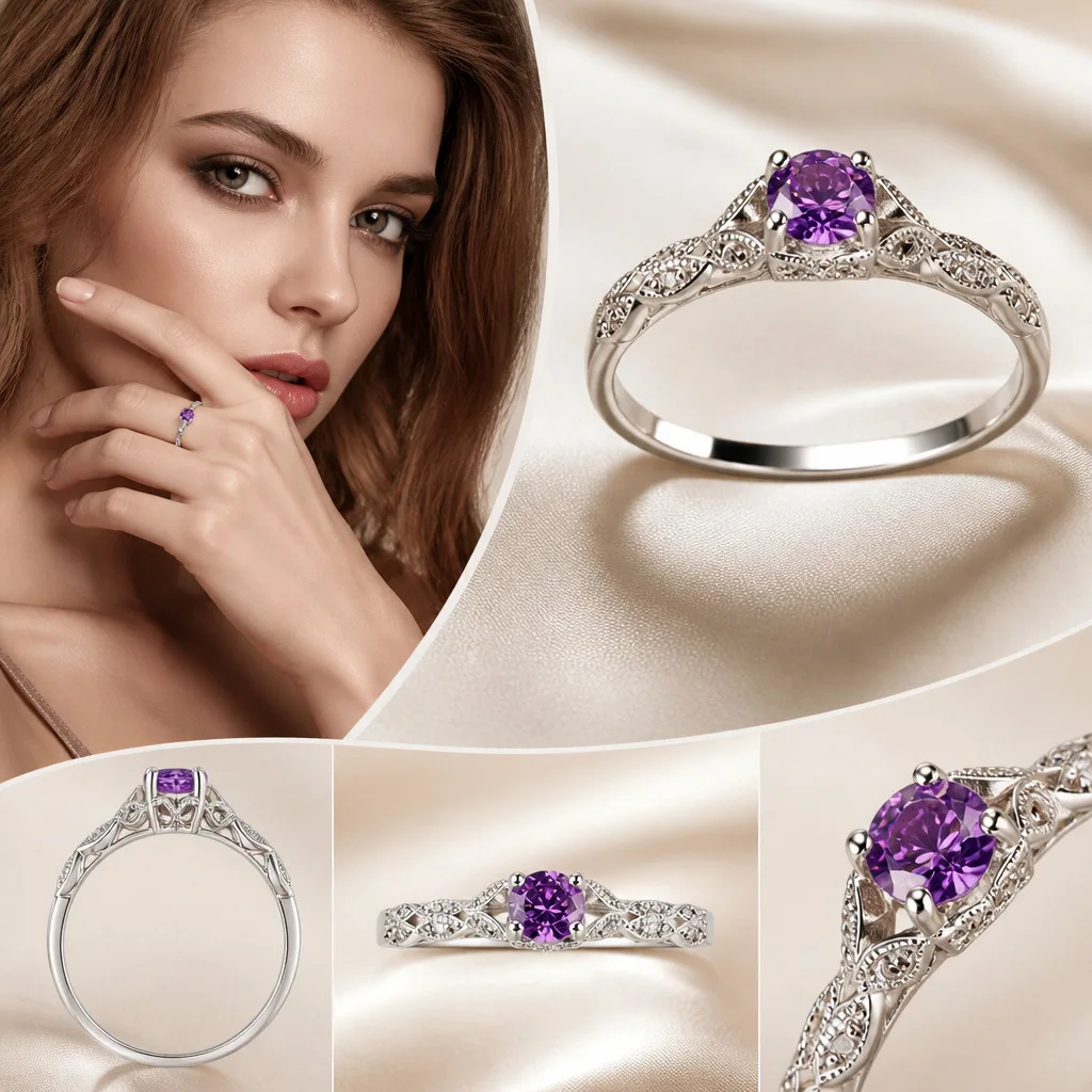 Classic Style Amethyst Zirconia Women's Ring in Europe and America Simple Gem Temperament Ring Fashion Jewelry Wholesale