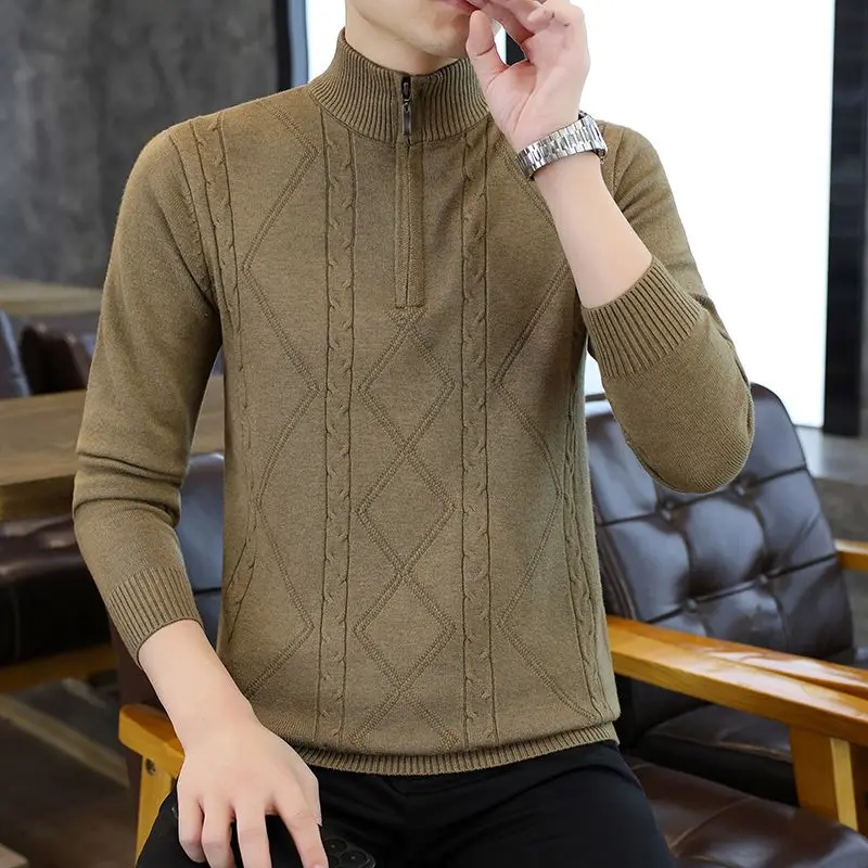Men Half Zip Stand Collar Cable Jacquard Knit Sweater Thin Versatile Simple Autumn Winter Casual Pullover Top