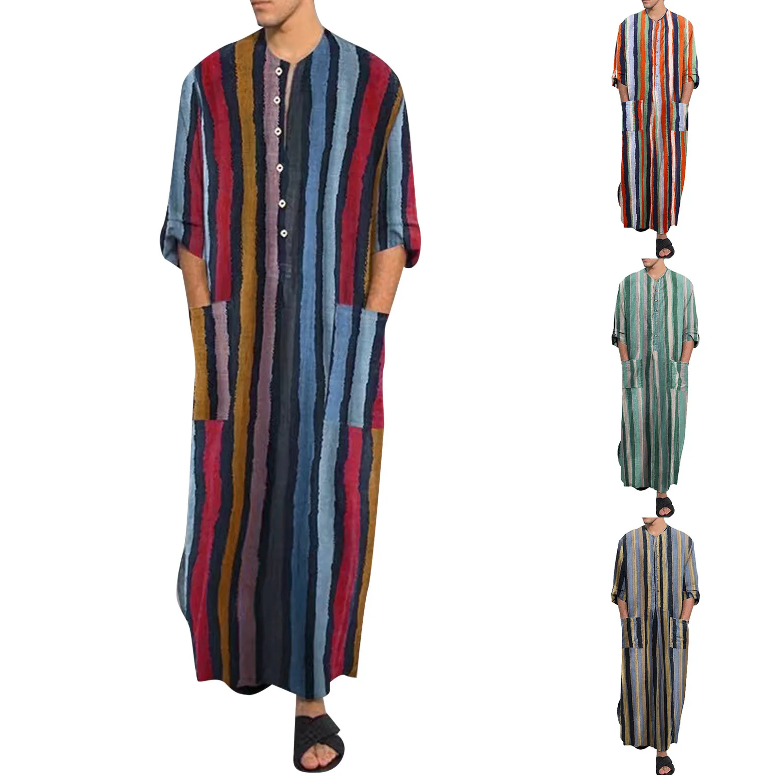 Robes musulmanes imprimées à rayures de style ethnique pour hommes avec boutons, caftan vintage, robes islamiques arabes de Dubaï, mode décontractée