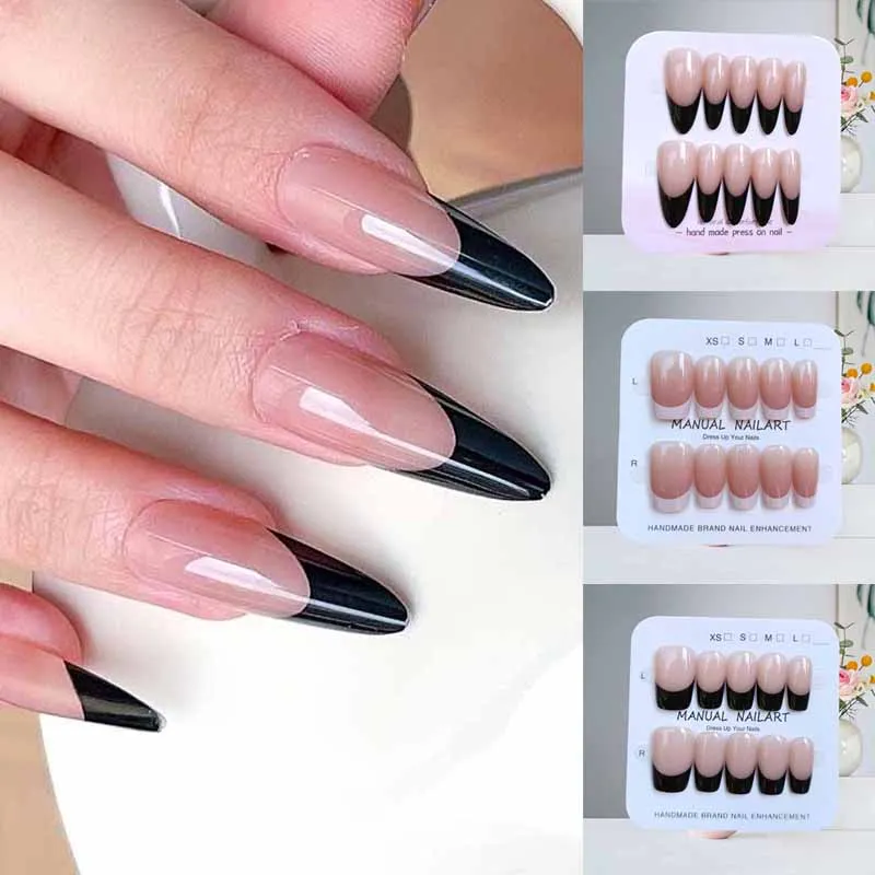10Pcs Black Patchwork French All-match Temperament High-end Detachable Nail Art Press on Nails Simple Long Almond Fake Nails
