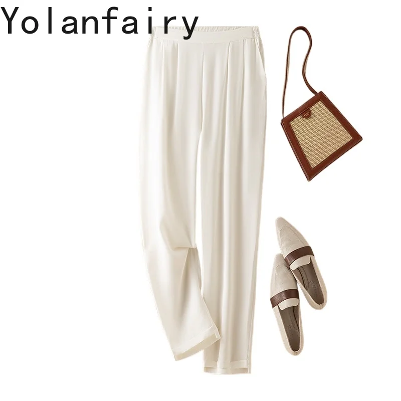 

YOLANFAIRY 93% Mulberry Silk Pants Woman 2025 Summer Street Wear High Waist Casual White Pants Trousers Small Foot Women's Pants