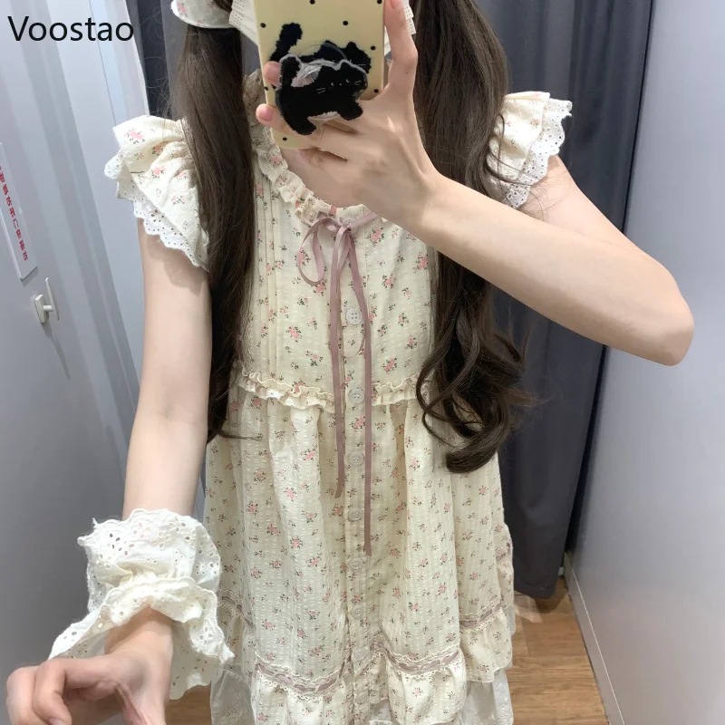 Summer Floral Print Kawaii Lolita Dress Women Sweet O-Neck Lace Ruffle Flying Sleeve Mini Dresses Female Korean Cute Fairy Dress