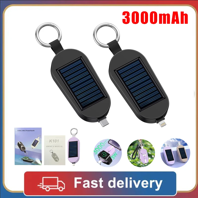 

New 3000mAh Solar Power Bank Fast Charging Type-C/For IPhone Wireless Charger For Apple Watch Mini External Power Bank Keychain