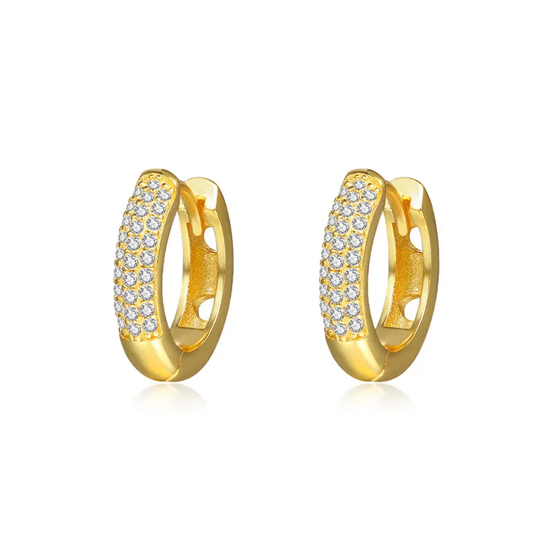 18K Gold plated 925 Sterling silver Clear Gems CZ Zircon aaa+ Paved 3 Rows pierce Ear-Bone Hoop Huggie Earrings C-E3489