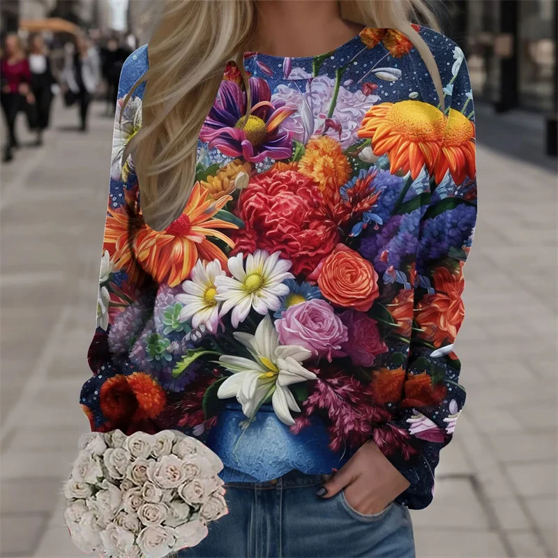 Harajuku New 3D Printing Colorful Flowers Sweatshirts Fashion Women Streetwear Pullovers Winter Girls Floral Graphic Clothes Top