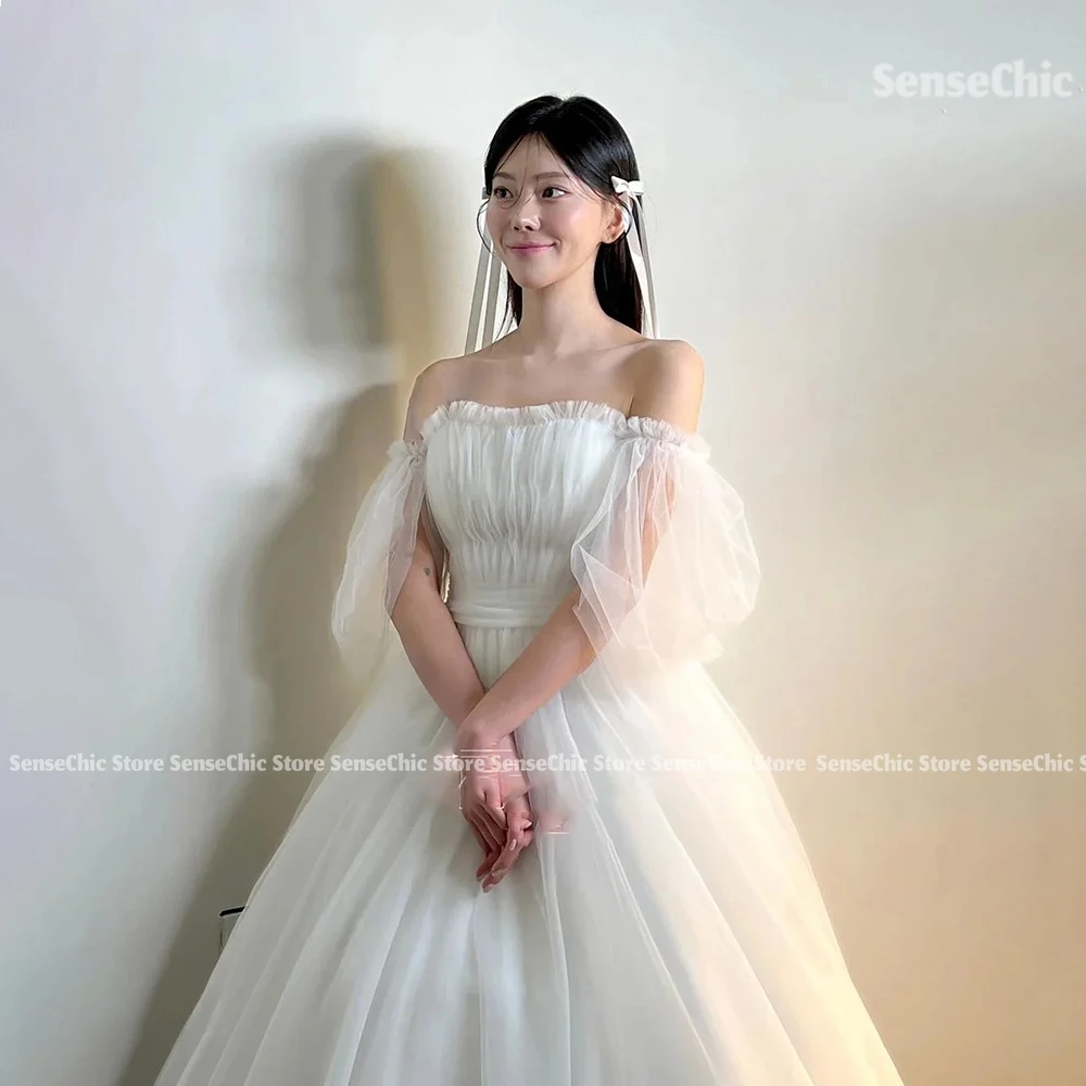 Плиссированные милые свадебные платья Корейский корсет сзади без бретелек из тюля с короткими пышными рукавами с открытыми плечами Платье невесты по индивидуальному заказу