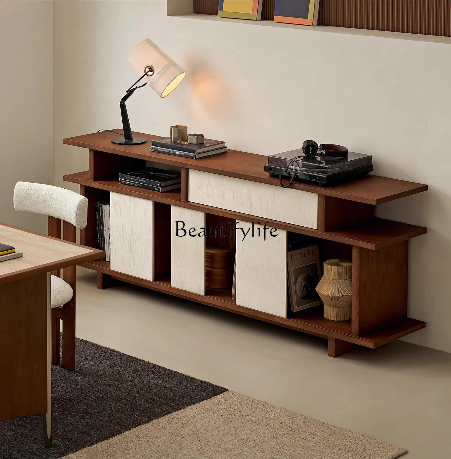 

Retro solid wood living room storage drawer cabinet sliding door dining side cabinet