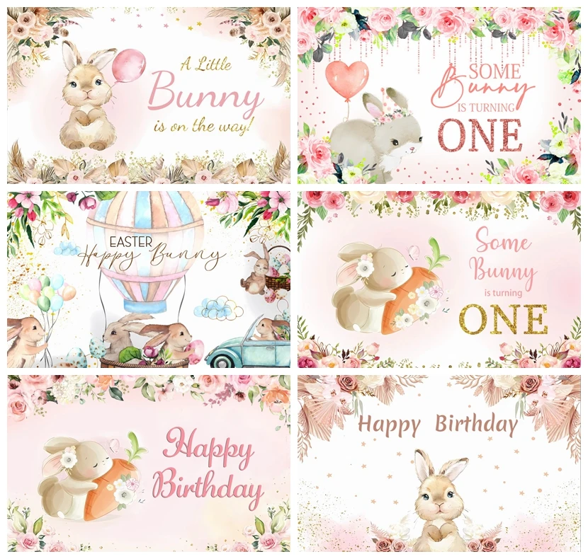 

Easter Bunny Rabbit Photography Backdrop Flower Balloon Some Bunny is Turning One Baby Shower Birthday Party Photo Background