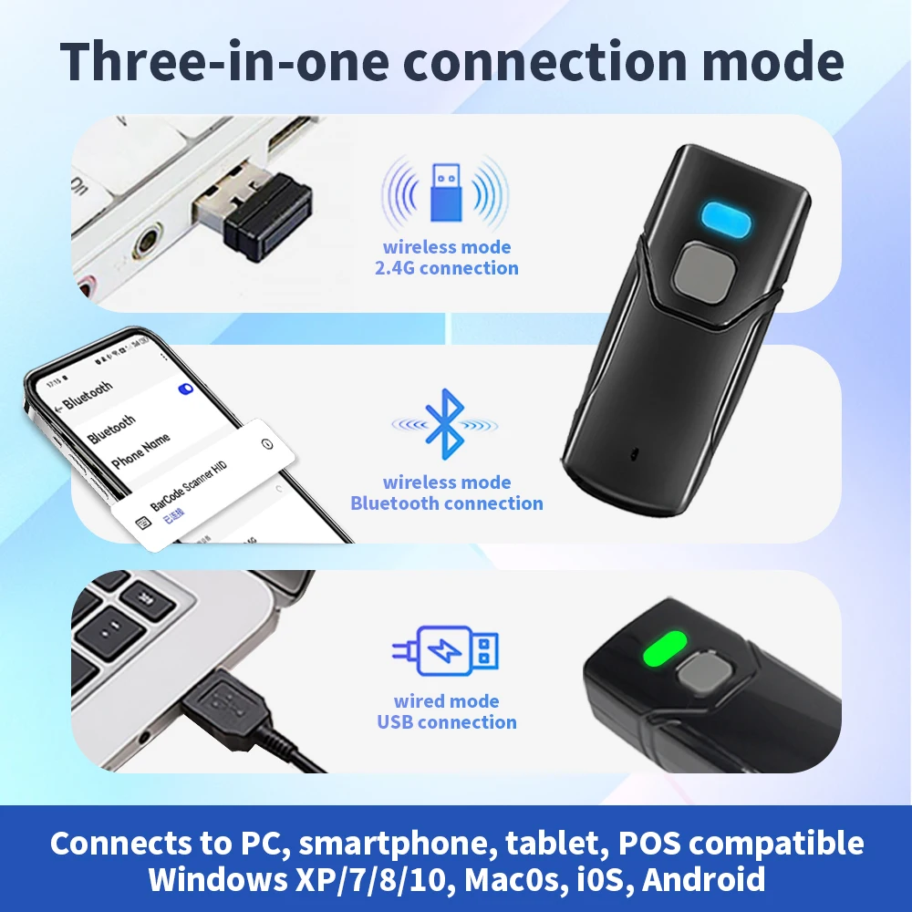 101H 2D Mini Portable QR Code Reader CIS USB Interface BT 2.4G Wireless Barcode Scanner For Warehouse Picking 1d Stock