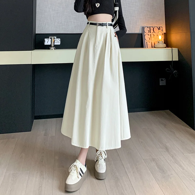 

New Women Summer Apricot Denim Skirt Fashion All-match High Waist Long A-Line Skirt Casual Loose Mid-Calf Pleated Skirt