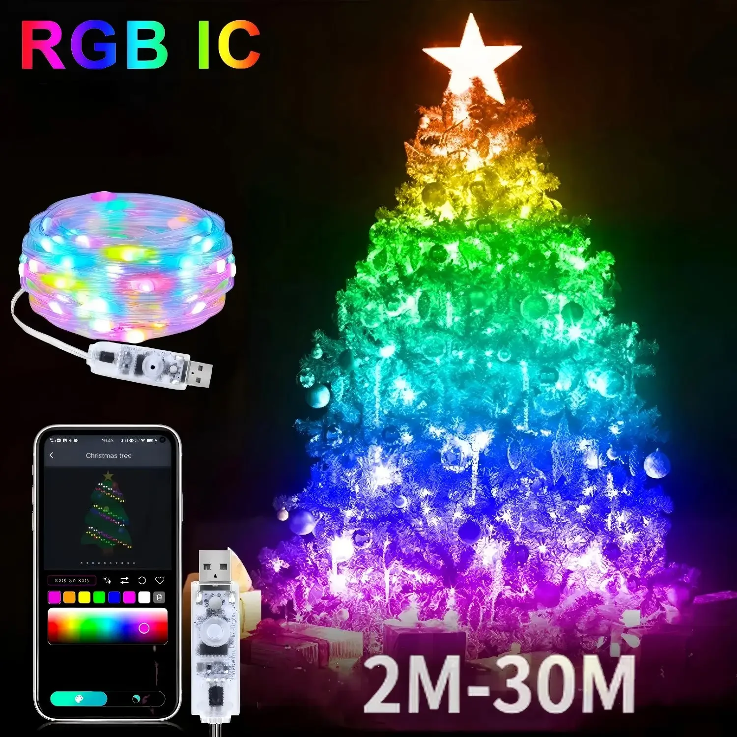 2M-30M USB LED String Lights Christmas Garden Decor Smart App Control RGBIC Color Changing Fairy Lights Button Control