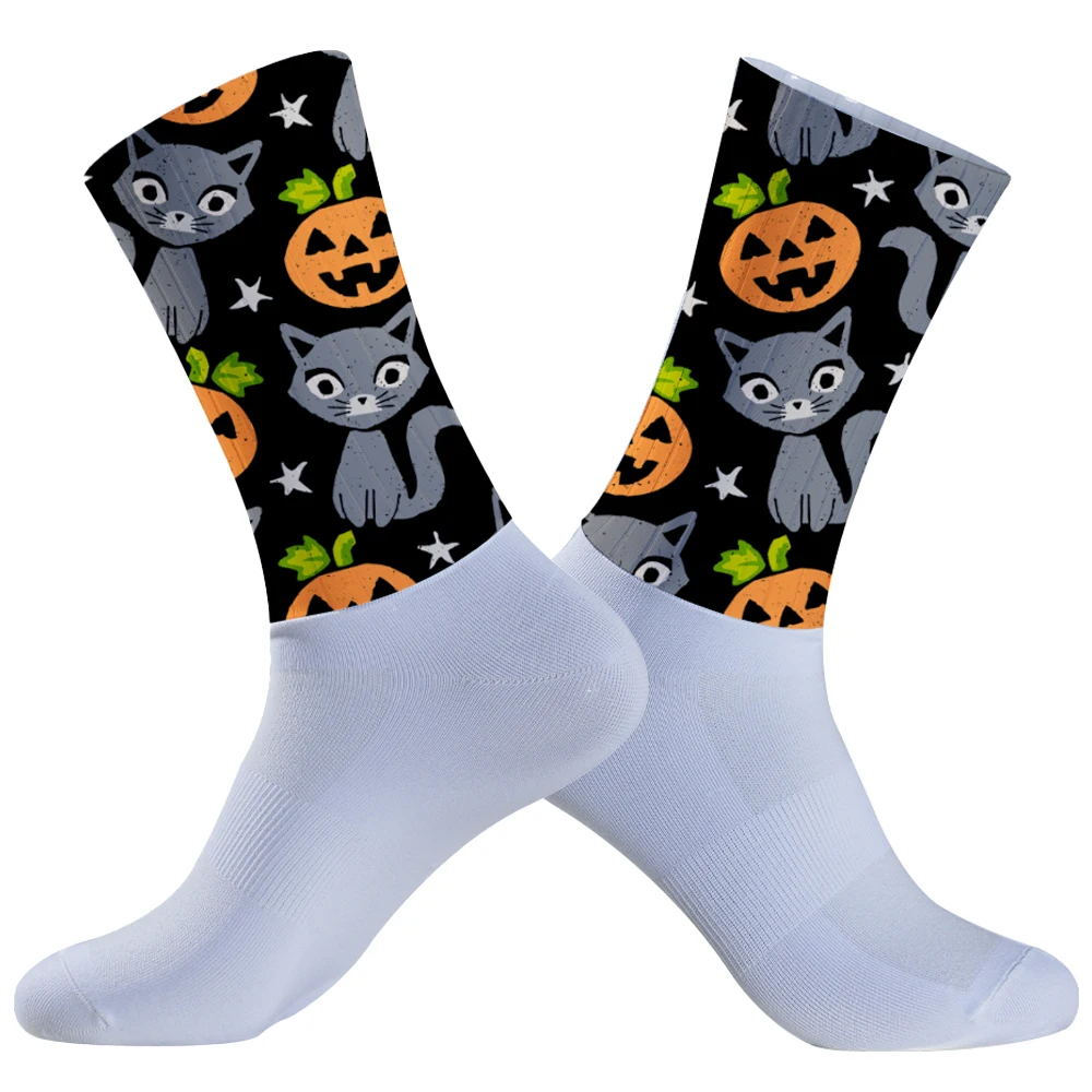 Calcetines antideslizantes para ciclismo, medias transpirables MITI con diseño de calabaza para Halloween, novedad