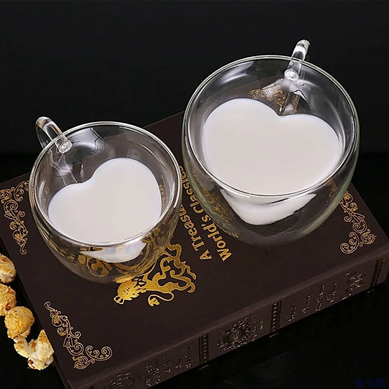 170/280 ml doppelwandige, hitzebeständige Glasbecher aus Borosilikatgehalt in Herzform für Kaffee, Tee, Milch, Tasse mit Griff für Zuhause, Büro, Reisen
