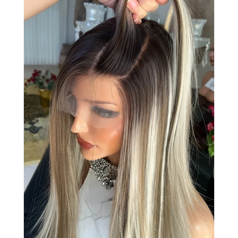 

Коричневый парик с эффектом омбре для женщин, длинный шелковистый прямой парик спереди, блондинка, синтетический парик спереди